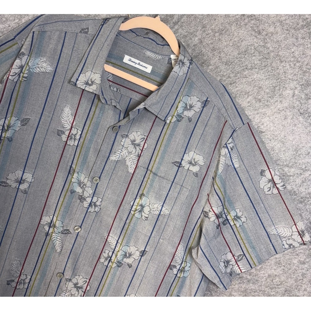 Tommy Bahama Silk Blend Chambray Shirt Mens XXL 2XL Gray Striped Floral‎ Pocket